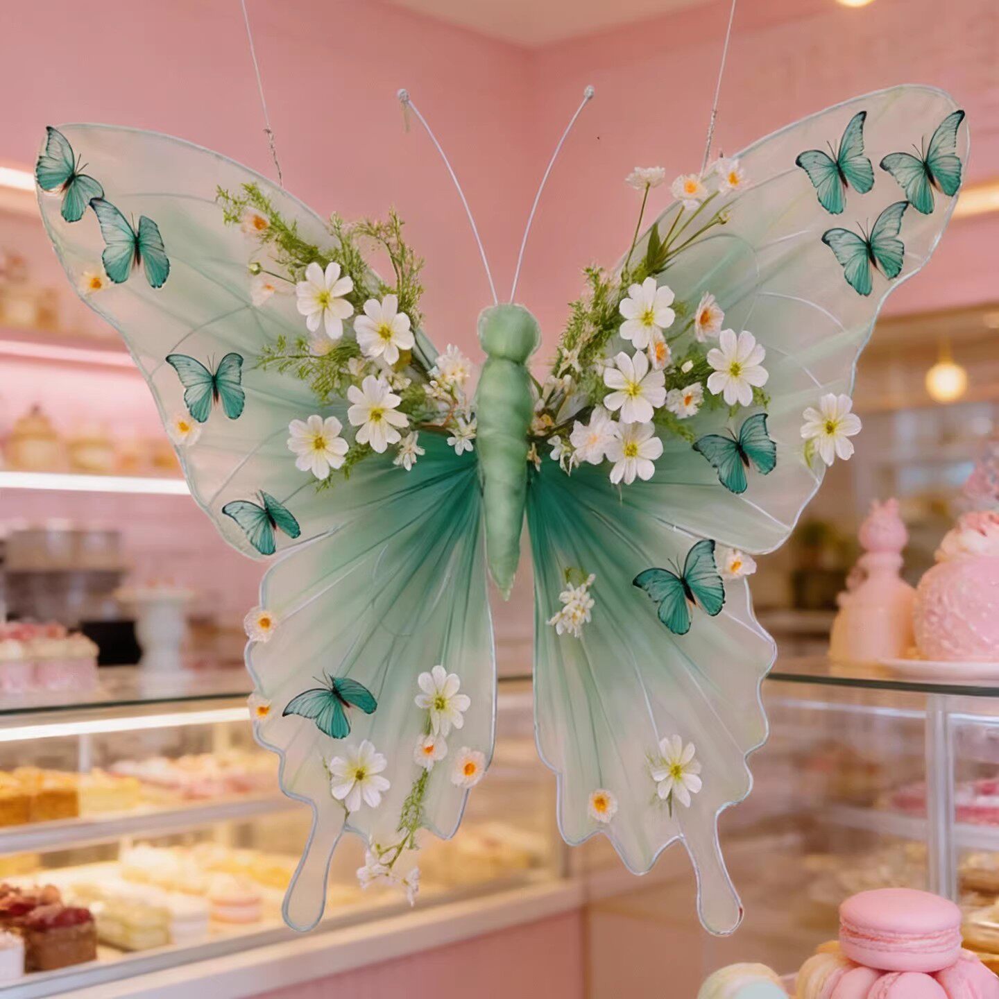 网红店铺打卡蝴蝶布景铁艺纱仿真花艺橱窗美陈装饰挂件布置道具