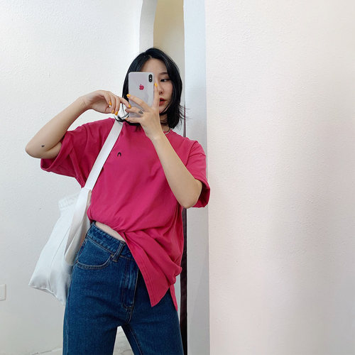 h.h纯棉白色短袖刺绣月亮宽松休闲简约t恤上衣女夏季圆领半袖tee