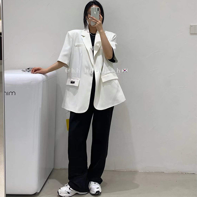 h.h 白色短袖小西装女春夏新款韩版休闲洋气半袖垂感贴标西服外套