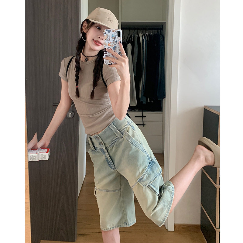 楠涛复古水洗做旧工装牛仔短裤女