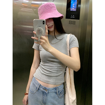 楠涛辣妹纯色正肩圆领短袖T恤女