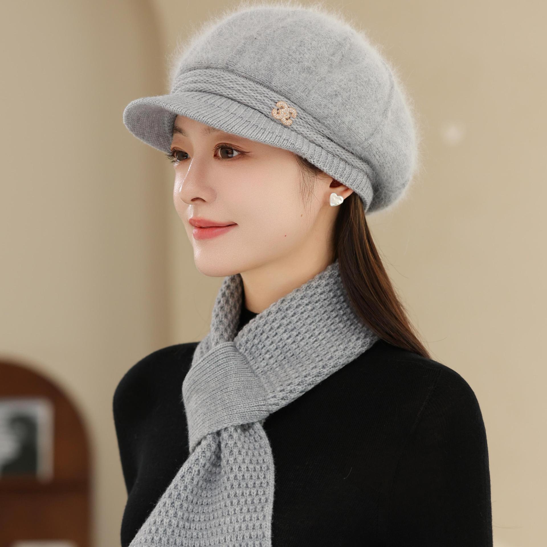 秋冬季兔毛加绒保暖盆帽中针织