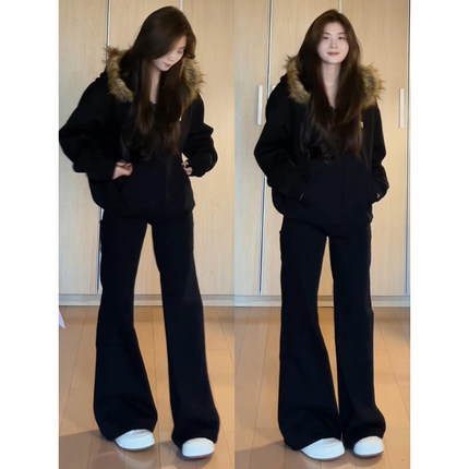 黑色美式复古毛领连帽卫衣厚外套女秋冬季加绒小个子显瘦上衣开衫
