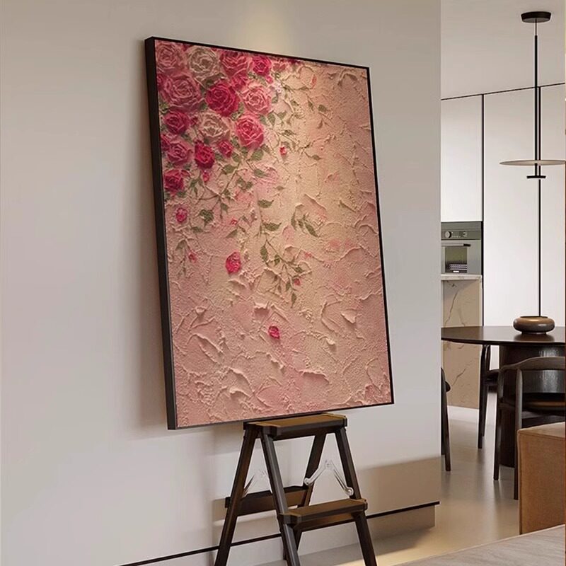 F奶油风玫瑰花客厅装饰画沙发背景墙肌理感挂画玄关走廊尽头画