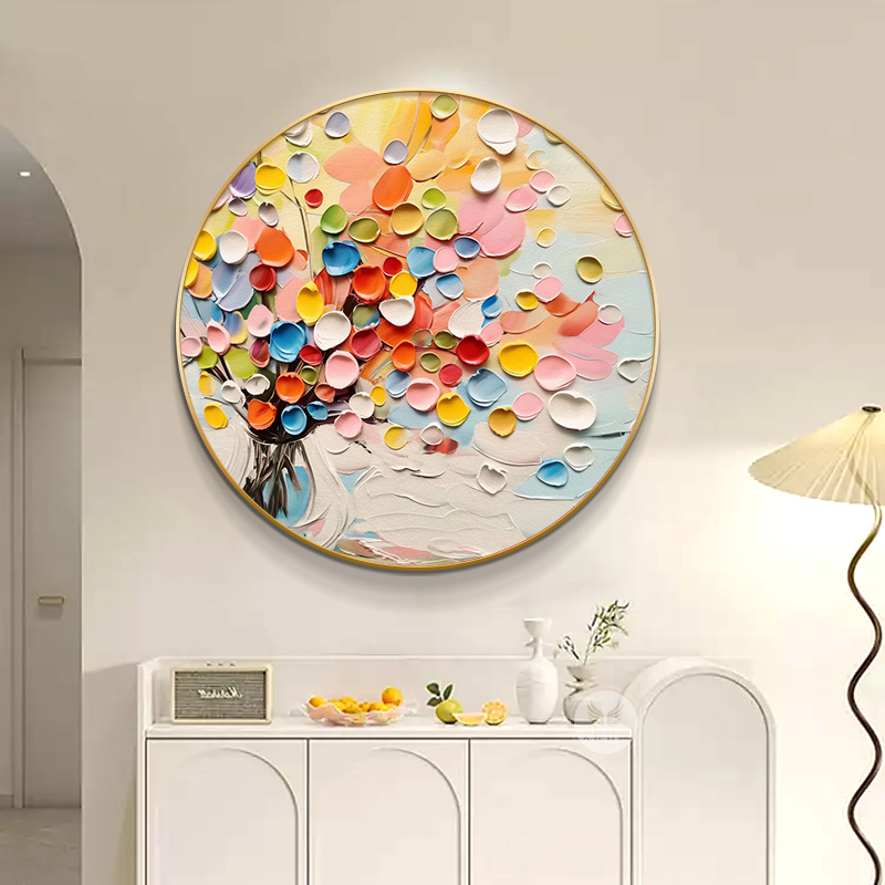 轻奢玄关走廊圆形装饰画抽象花卉客厅沙发背景墙挂画卧室餐厅壁画图片