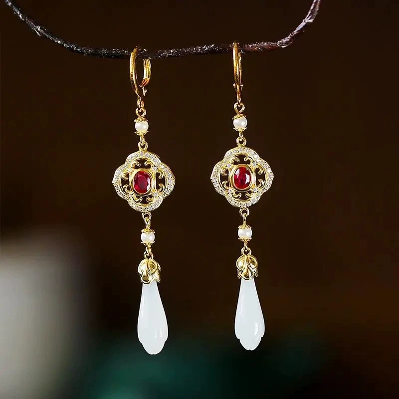 Earrings white jade, orchid, 925 sample silver, with gem