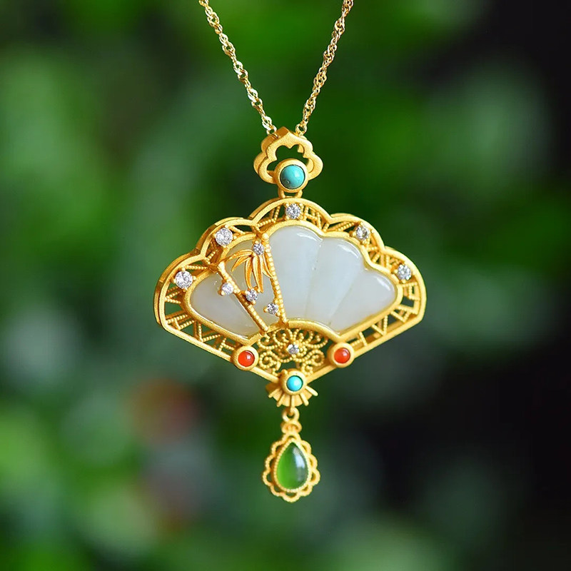 和田玉白玉扇形吊坠s925银镀金复古镂空个性气质女款多宝项链玉坠