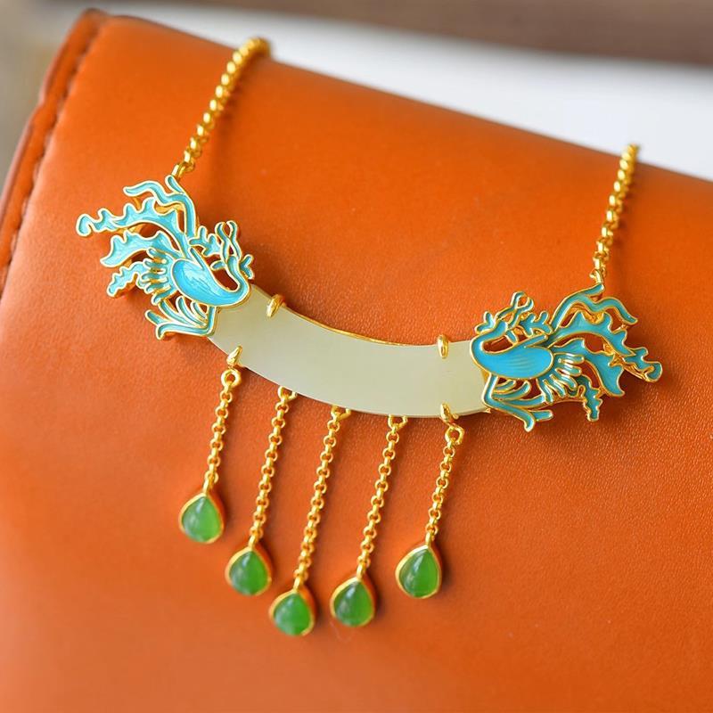 珐琅凤凰白玉流苏碧玉弧形吊坠镀金锁骨项套链挂坠民族风女款项坠