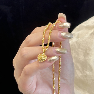 Vintage法式宫廷风镀18K金色碎银几两爱心吊坠爆闪浪漫金珠项链女