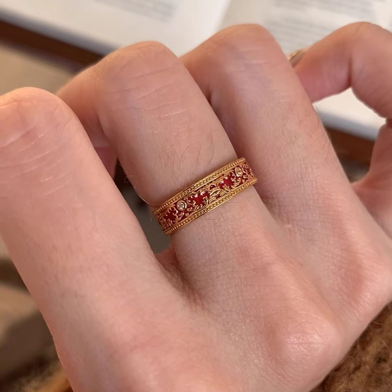 vintage法式中古风楼兰若梦红珐琅滴釉花纹戒指复古宫廷典雅指环