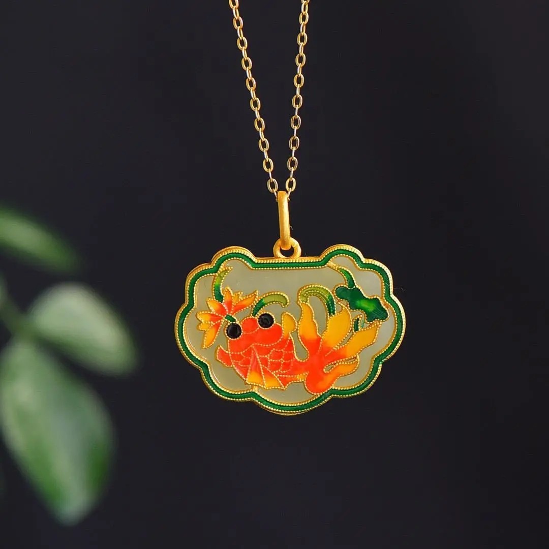 锦鲤荷花长命锁平安锁吊坠珐琅中国风古法金烧蓝如意锁宫廷风饰品