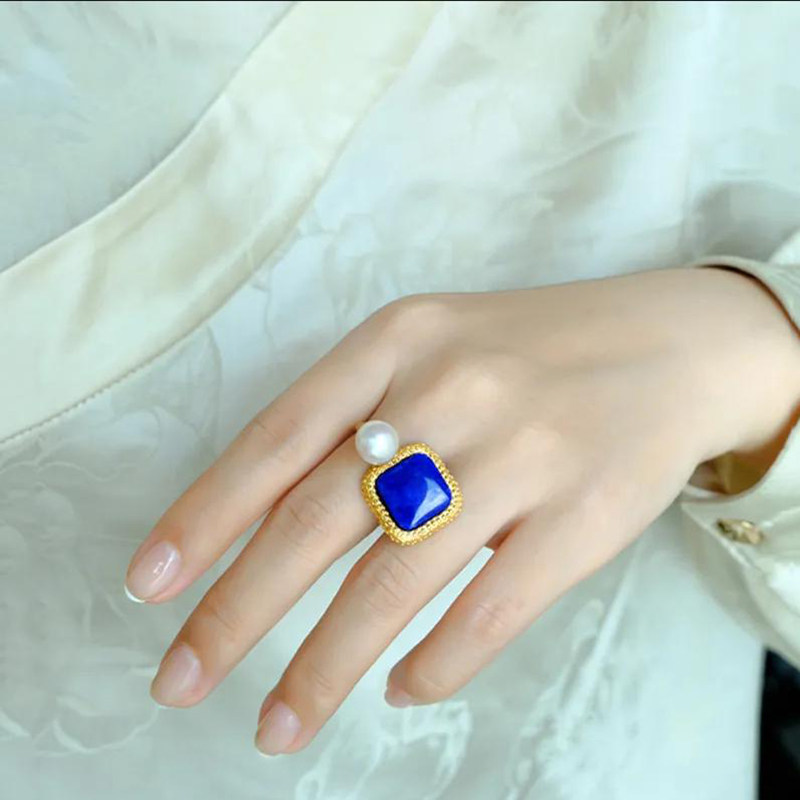 仿青金石方形几何戒指古风镀18k金小众文艺高级感戒指人造珍珠戒