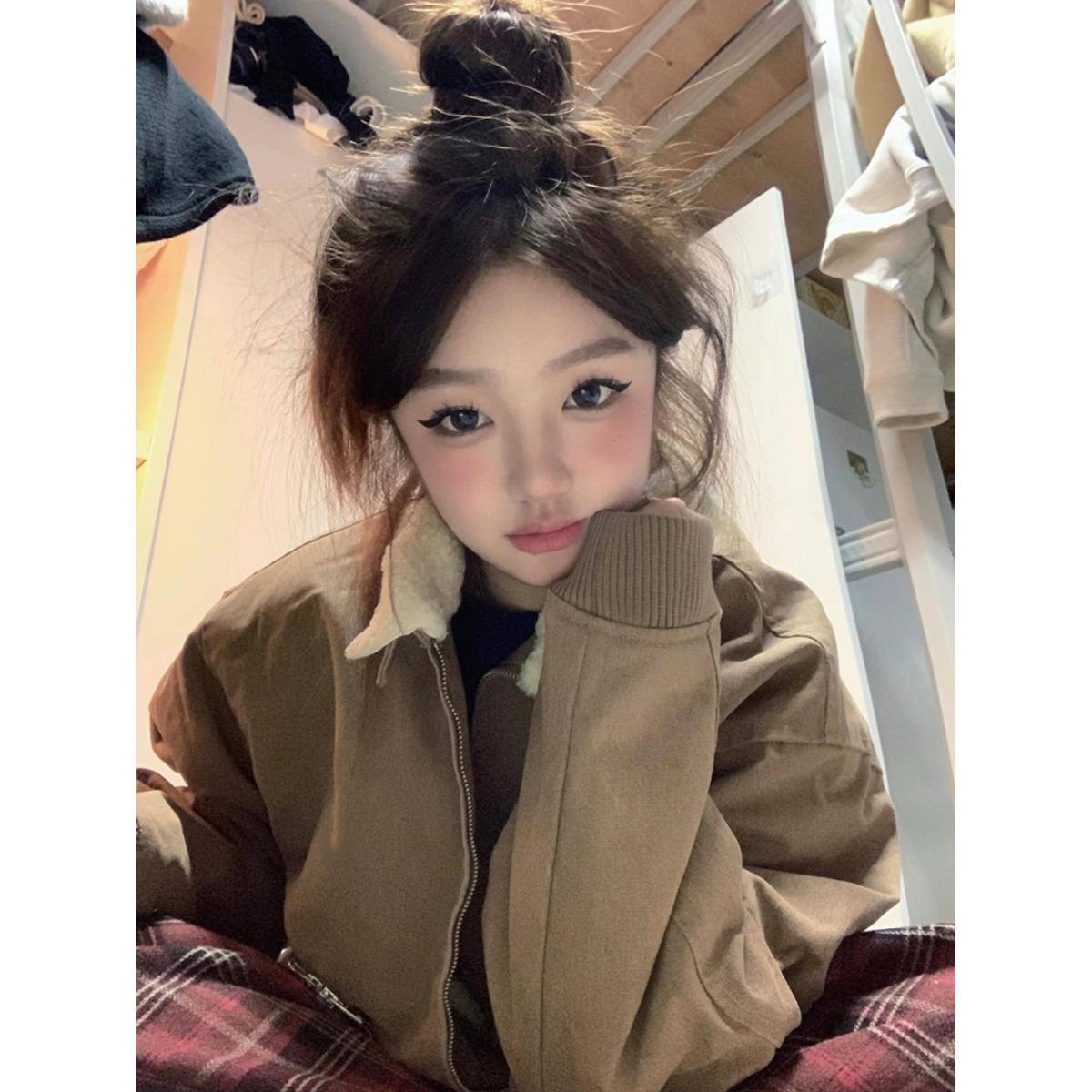 翻领羊羔毛外套女冬季2025新款加绒加厚设计感男女款宽松棉衣棉服