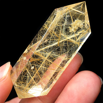 天然水晶金发晶钛晶双尖六棱柱原石打磨顺发水晶柱子家居摆件