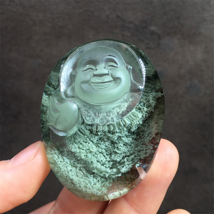 天然绿幽灵金发晶雕刻件吊坠饰品