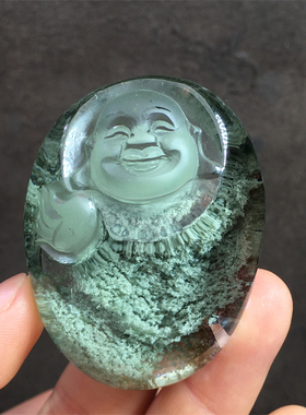 天然绿幽灵金发晶雕刻件吊坠饰品