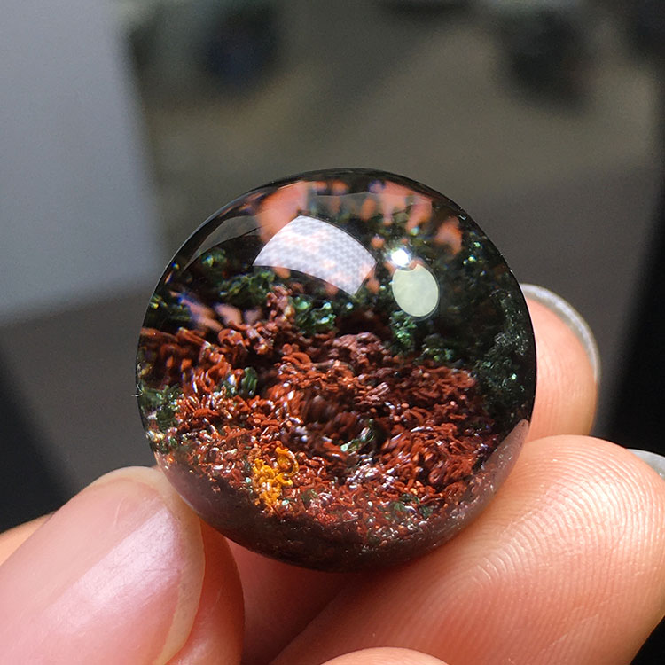 天然绿幽灵单珠迷你水晶球原石打磨红黄彩幽灵吊坠手串装饰品摆件