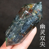 绿幽灵水晶柱子四季 彩幽灵双尖千层金字塔彩虹原矿石家居客厅摆件