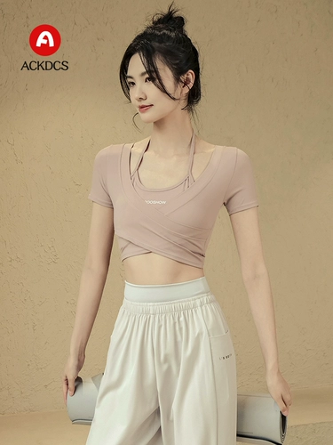 Топ с чашечками, летняя одежда для йоги, комплект, спортивная футболка для спортзала, короткий рукав