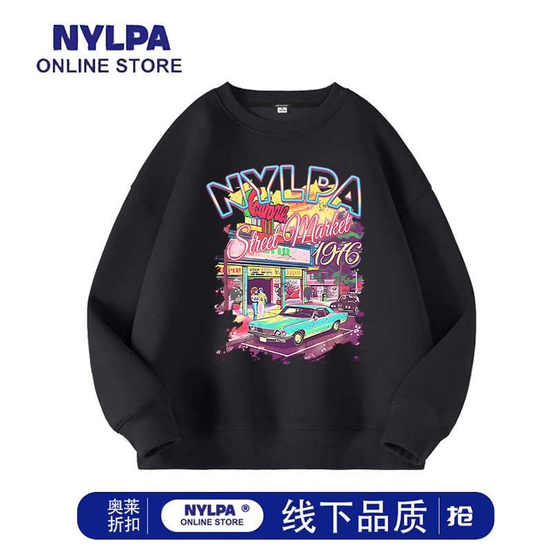 NYLPA美式卡通字母印花复古秋冬季圆领套头卫衣情侣百搭慵懒外套