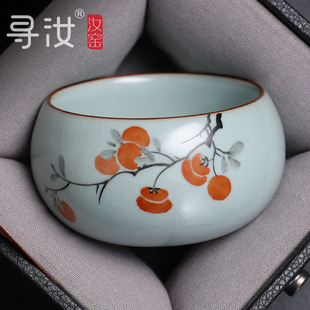 寻汝陈全贵大师汝窑手绘主人杯天青色高档开片陶瓷功夫茶杯茶具
