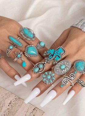 复古波西米亚风绿松石仙人掌雕花14件套装戒指厂家直销亚马逊新款