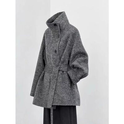灰色短款双面羊绒大衣女2