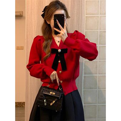 新年红色蝴蝶结毛衣女V领