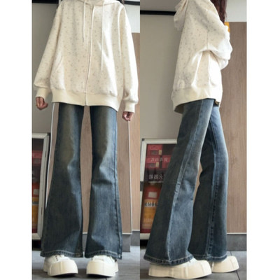 美式高腰微喇牛仔裤女春