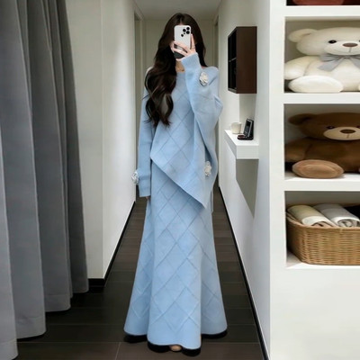 蓝色毛衣针织洋装子女冬