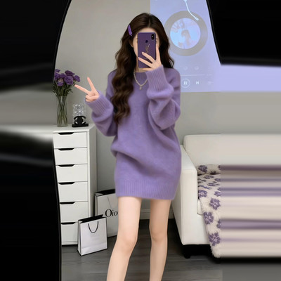 法式紫色针织连衣裙子女