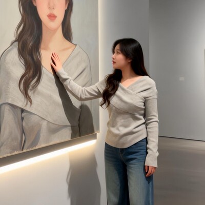 大码胖mm韩系v领交叉灰色