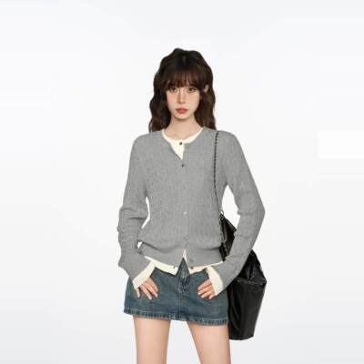 灰色假两件短款针织开衫