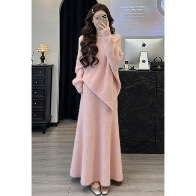 法式粉色不规则针织套装