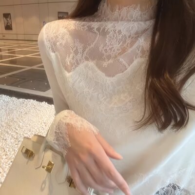 白色高领蕾丝打底衫女202