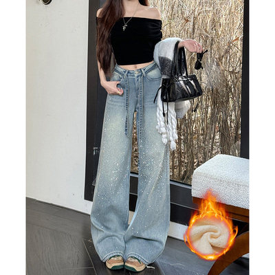 满天星烫钻阔腿牛仔裤女