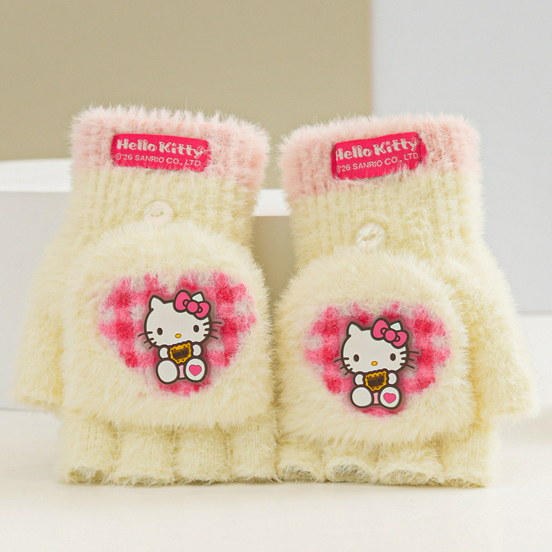 正版HelloKitty半指翻盖针织手套毛线保暖初高中学生写字触屏女冬