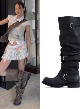 韩国正品negativethree张元英同款时尚百搭皮带扣长筒靴堆堆靴女