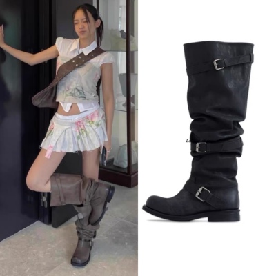 韩国正品negativethree张元英同款时尚百搭皮带扣长筒靴堆堆靴女