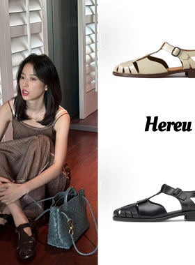 正品折扣Hereu  Pesca 周雨彤同款 皮革 镂空编织 罗马凉鞋 女款