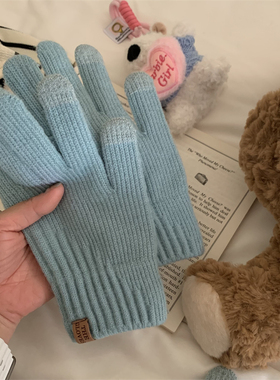巨美湖蓝色~软糯手套女冬季加绒保暖韩版纯色高级感触屏手套ins