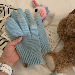巨美湖蓝色~软糯手套女冬季加绒保暖韩版纯色高级感触屏手套ins
