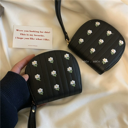 Черный ретро изысканный бумажник в форме цветка, милый короткий картхолдер с молнией, кошелек, сумка через плечо, с вышивкой