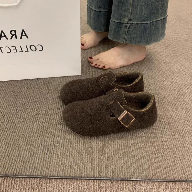 复古圆头毛毡加绒勃肯鞋女加绒秋冬季一脚蹬保暖棉瓢鞋毛呢乐福鞋