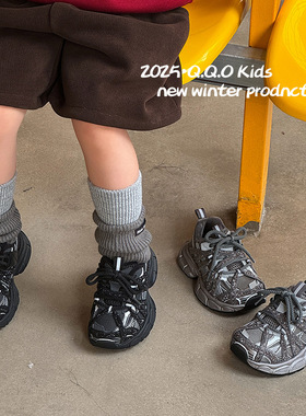 2025冬季新款二棉儿童巴家蜘蛛老爹鞋加绒男女童绑带水钻运动鞋潮