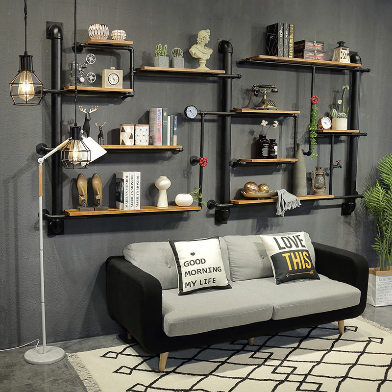 工业风铁艺水管墙上置物架酒架墙面装饰创意复古书架隔板壁挂架子