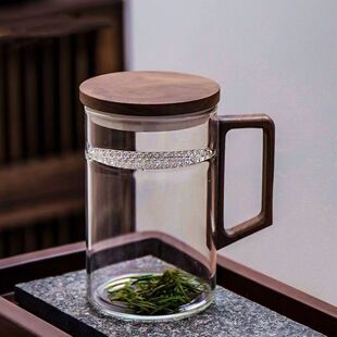 泡茶杯办公家用月牙杯茶水分离玻璃杯大容量过滤网茶杯带盖带木