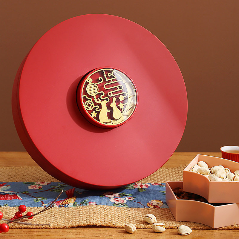 喜庆带盖糖果盘客厅家用大容量分格零食糖果盒年货坚果瓜子干