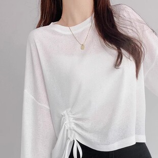 200斤防晒罩衫 t恤女胖mm大码 冰丝上衣 宽松长袖 不规则抽绳下摆夏季