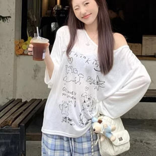 女微透薄款 T恤白色圆领防晒衫 外穿上衣 200斤宽松慵懒长袖 胖mm大码